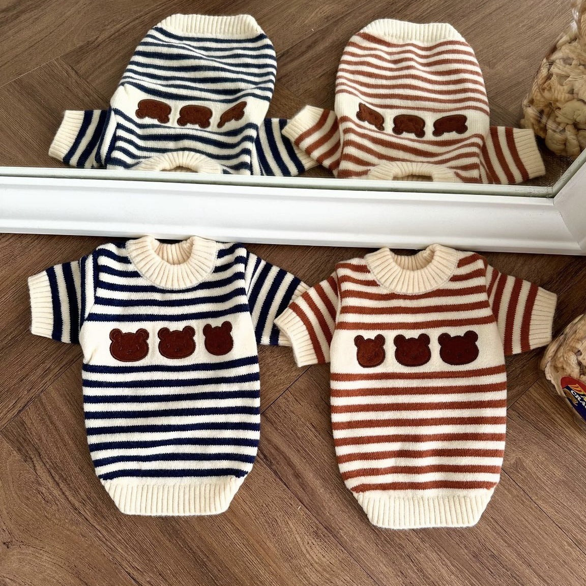 Stripe Small Dog Sweater with Bear Pattern - ri-son