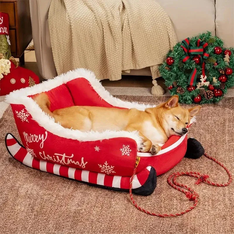 Christmas Sleigh Plush Cozy Dog Bed