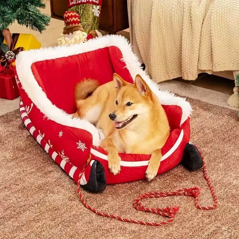 Christmas Sleigh Plush Cozy Dog Bed