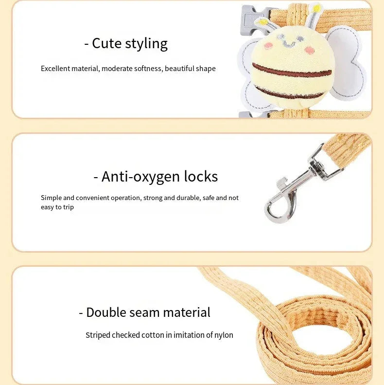 Product features with text and images of a pet leash on a beige background