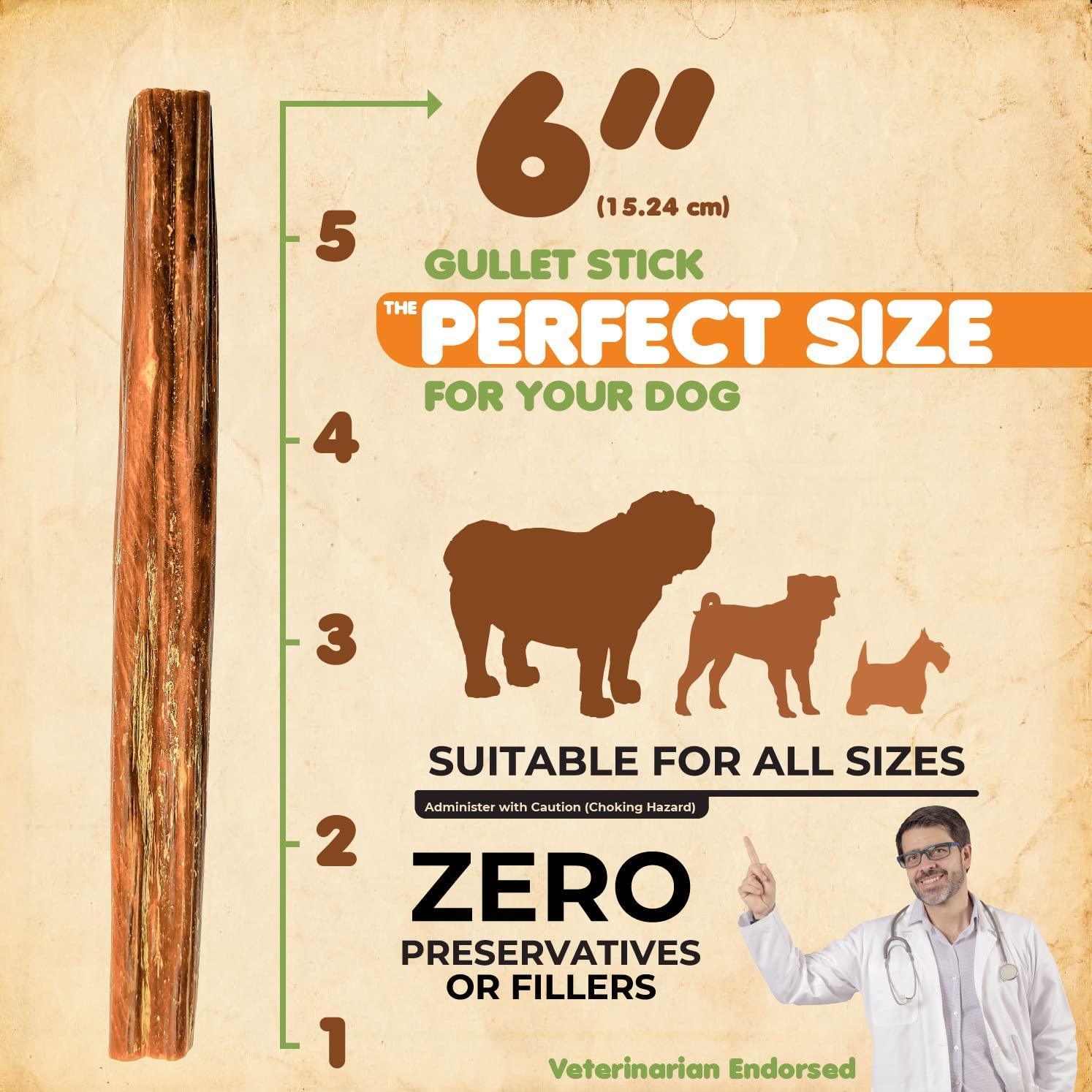 Gullet Sticks 100% Natural Beef Esophagus Dog Chews 6” Premium Dog Treats for