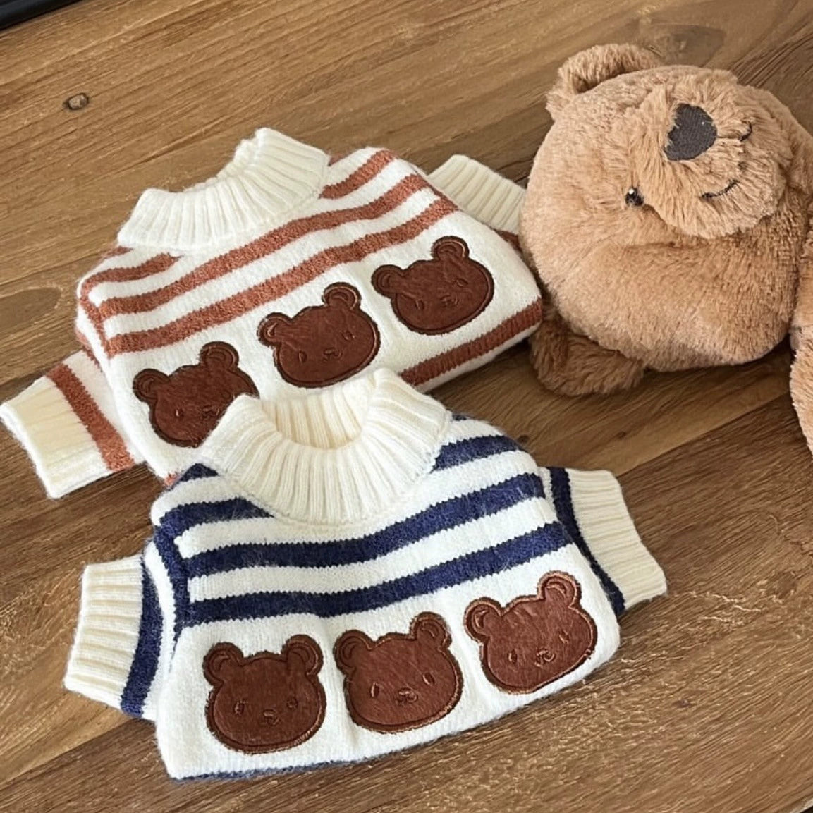 Stripe Small Dog Sweater with Bear Pattern - ri-son