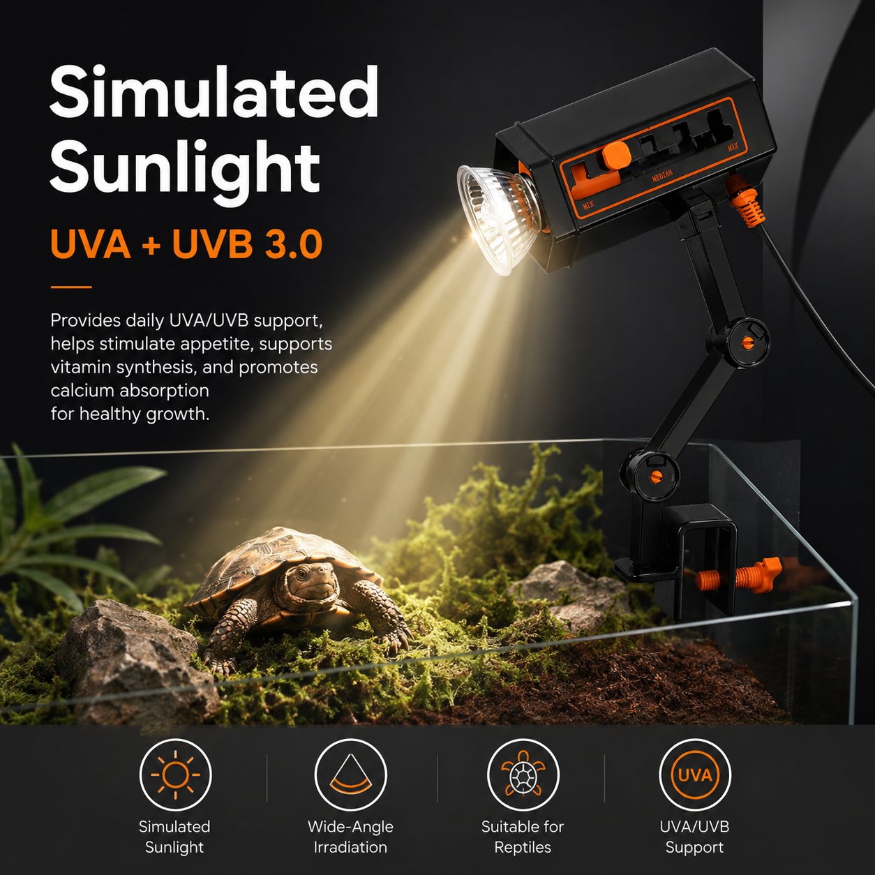 Adjustable Reptile Basking Lamp with 360° Clamp Stand