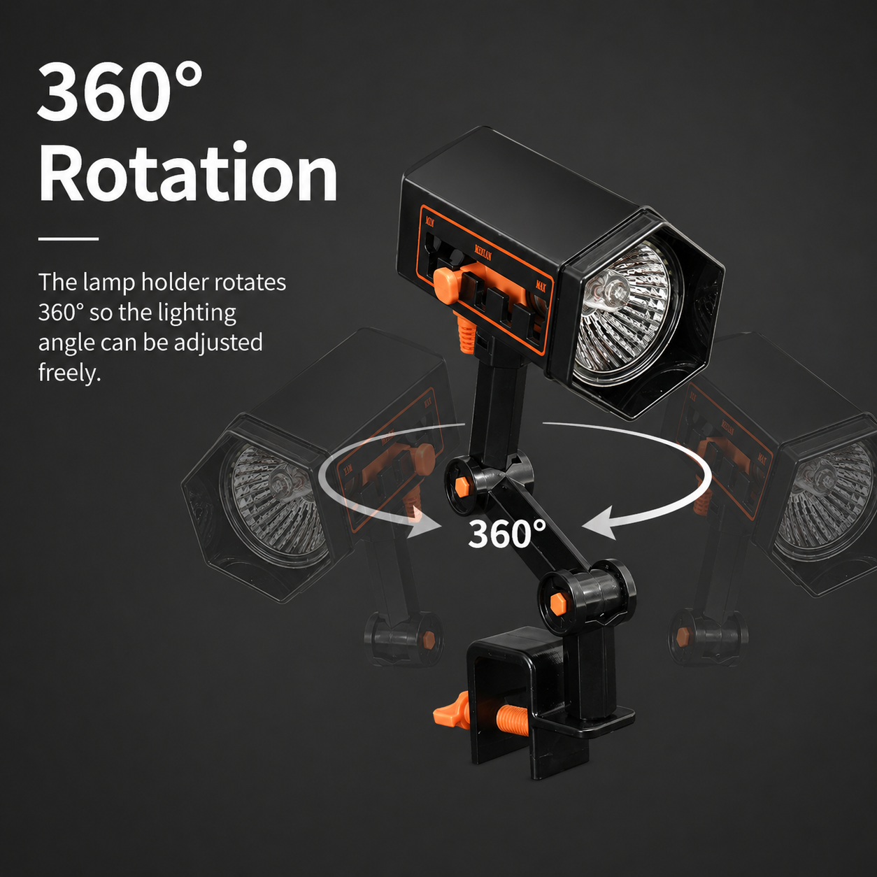 Adjustable Reptile Basking Lamp with 360° Clamp Stand