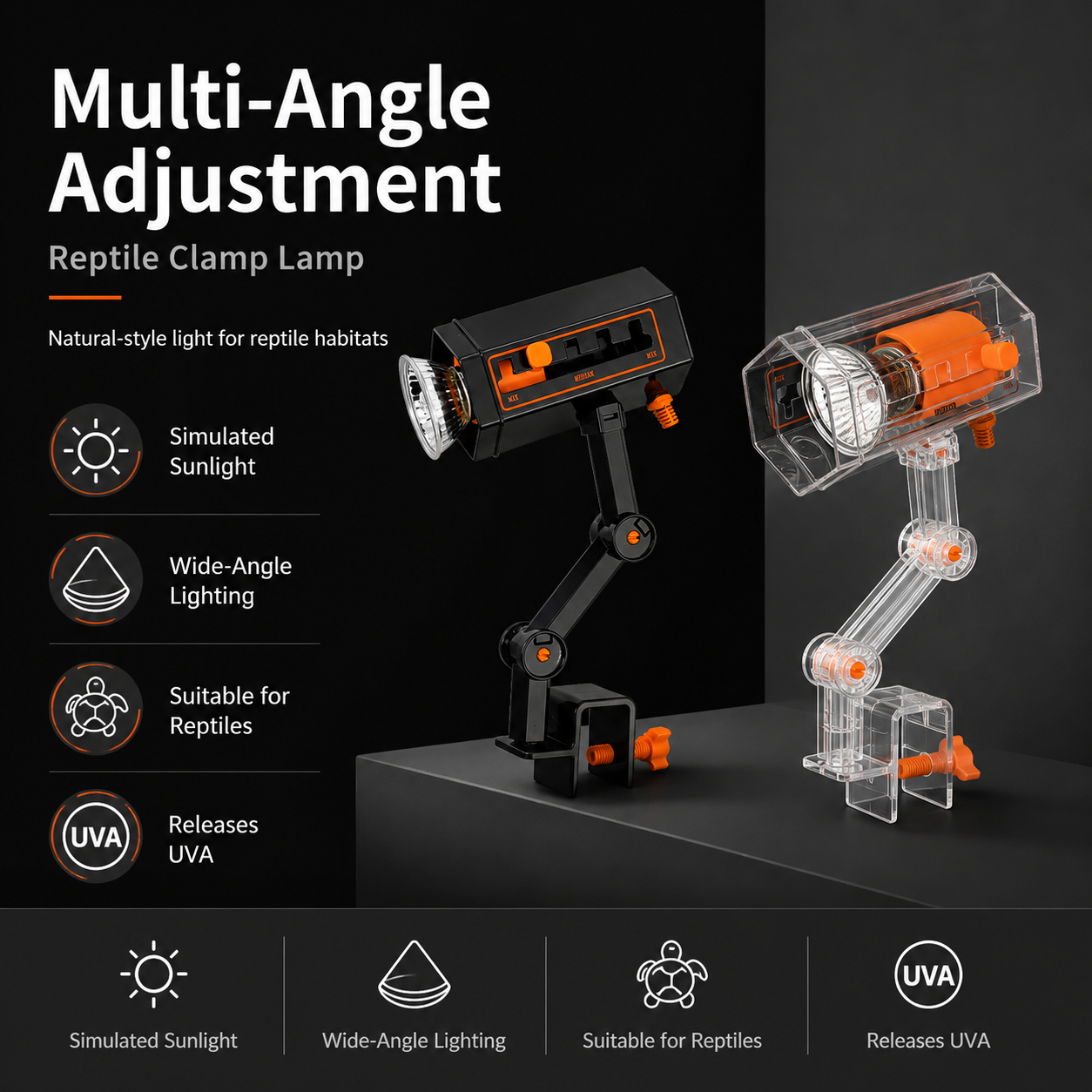 Adjustable Reptile Basking Lamp with 360° Clamp Stand
