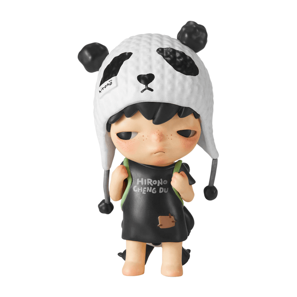 Figurine wearing a panda hat with 'Hirono Cheng Du' text on a white background
