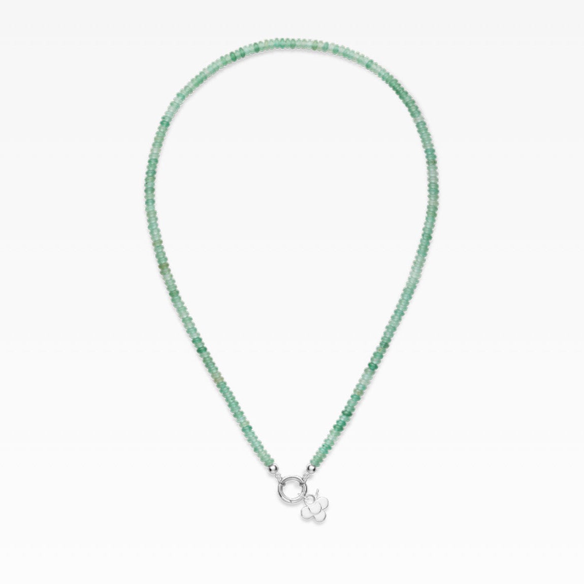 A delicate beaded necklace featuring small, round green gemstones arranged in a teardrop shape, finished with a silver-toned ring clasp and a small silver flower charm, displayed on a clean white background.
