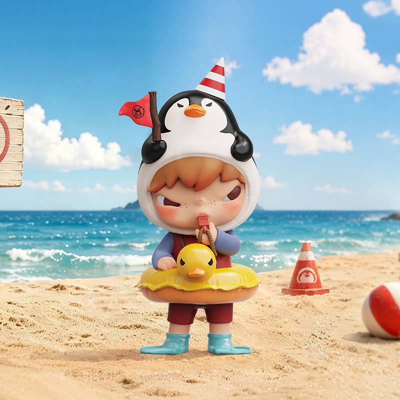 Hirono Penguin Lifeguard Figure front view with duck swim ring and whistle