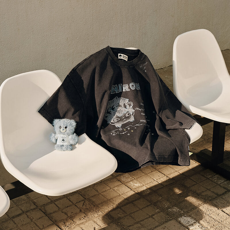 HIRONO Washed Black Graphic T-Shirt with Detachable Bear Plush Charm