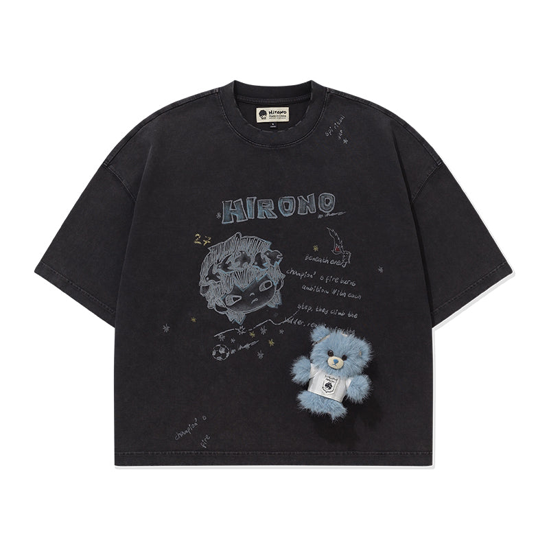 HIRONO Washed Black Graphic T-Shirt with Detachable Bear Plush Charm