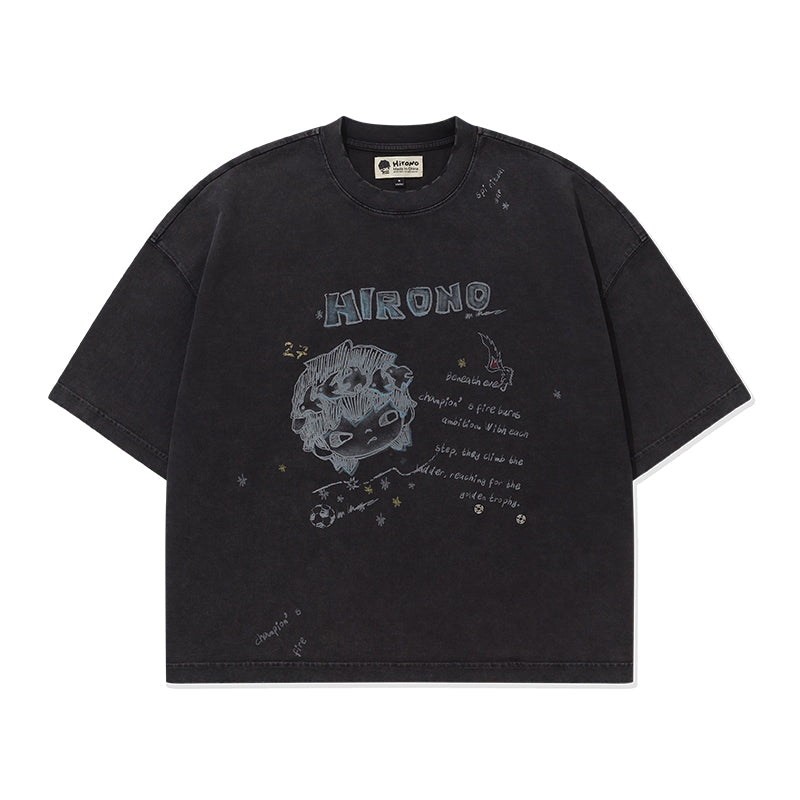HIRONO Washed Black Graphic T-Shirt with Detachable Bear Plush Charm