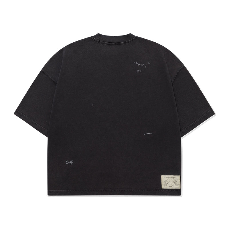 HIRONO Washed Black Graphic T-Shirt with Detachable Bear Plush Charm