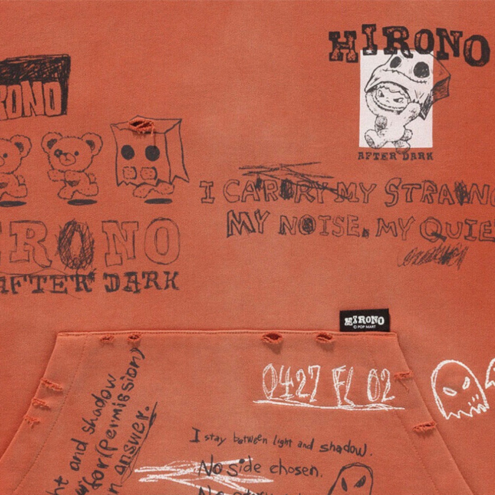 HIRONO After Dark Graffiti Washed Hoodie Ochre Orange product detail at Ri-son