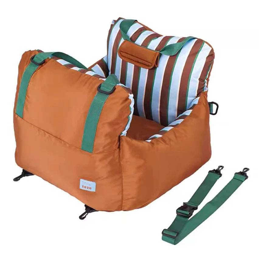 Pet seat with striped cushion and green straps on a white background