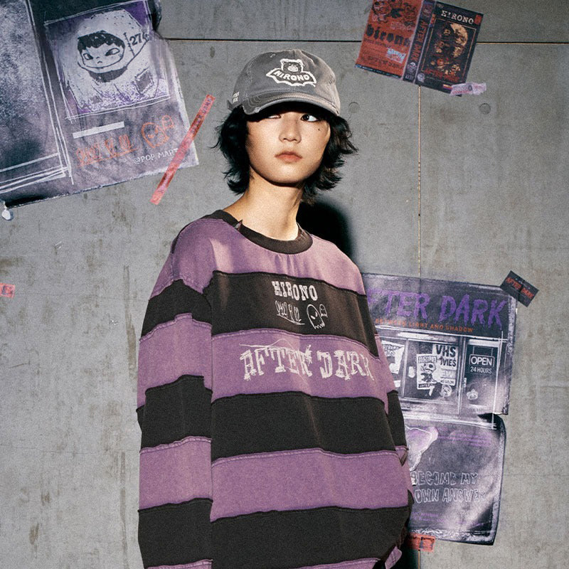 HIRONO After Dark Bat Patchwork Striped Long Sleeve T-Shirt