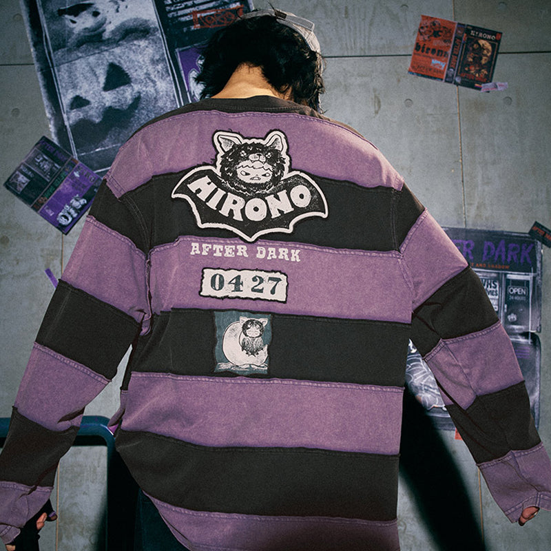 HIRONO After Dark Bat Patchwork Striped Long Sleeve T-Shirt
