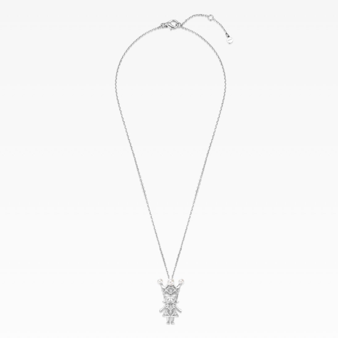 Discover the ROYAL MOLLY Lace Princess Necklace, crafted from 925 sterling silver with faux pearls, cubic zirconia, and a delicate crowned figure design.
