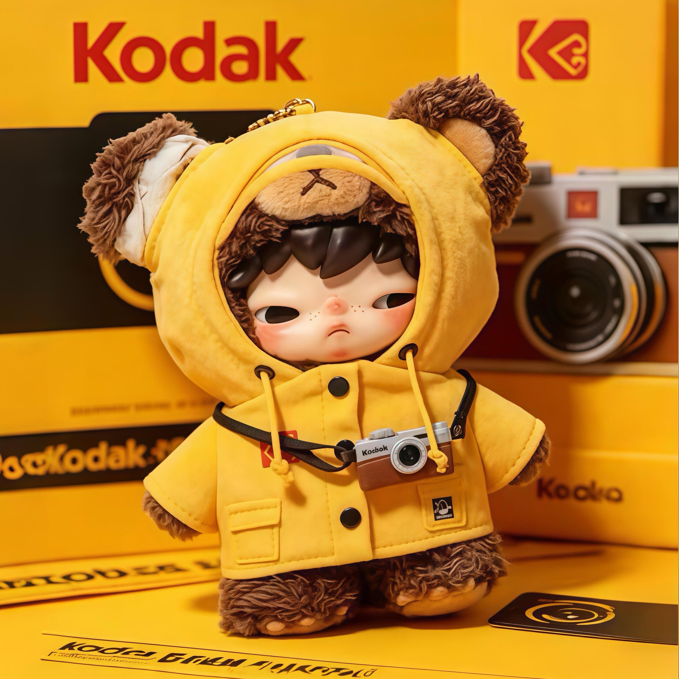 Toy figure in a yellow raincoat with bear ears, standing on Kodak branded boxes.