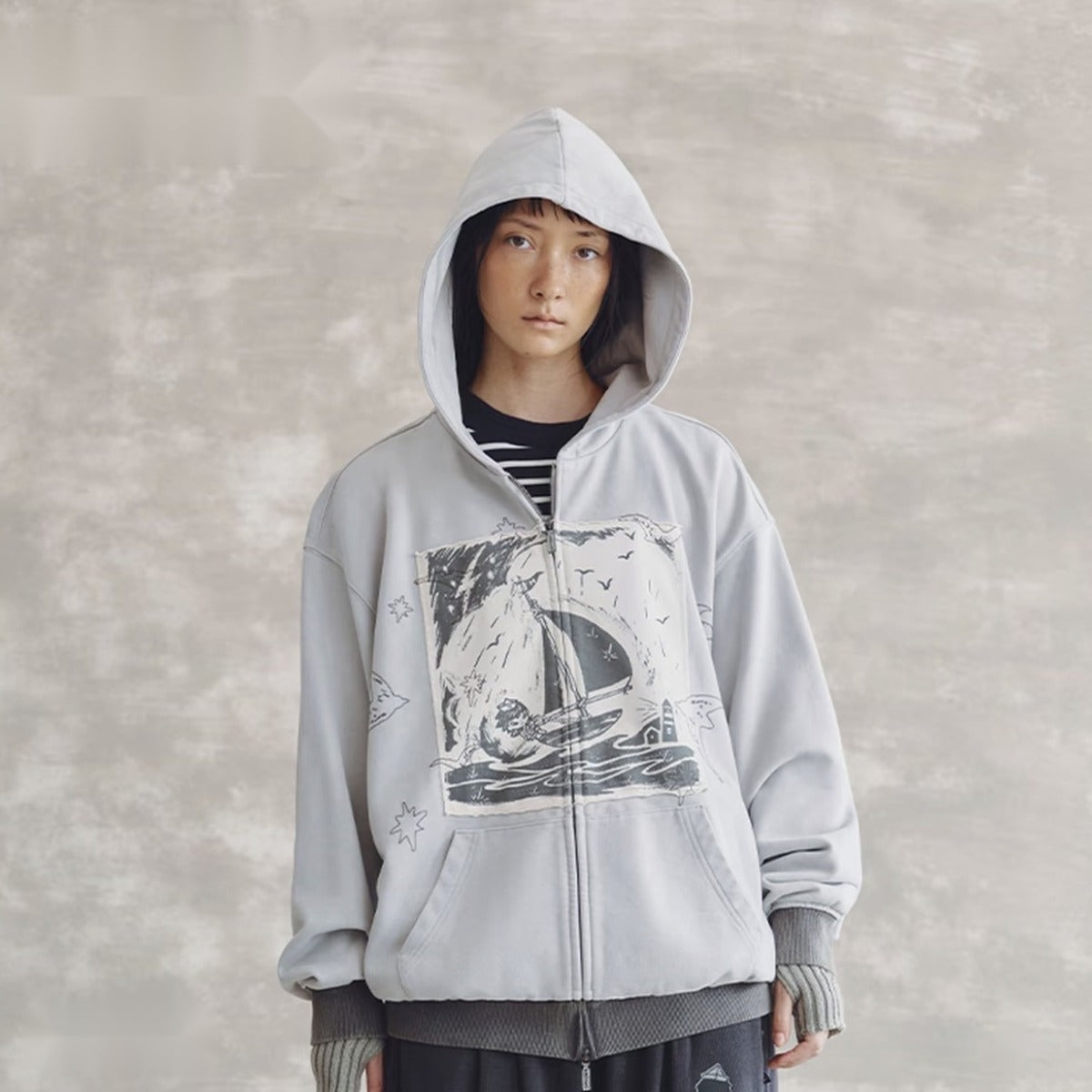 Hirono Living Wild “Song of the Sea” Patchwork Zip-Up Hoodie