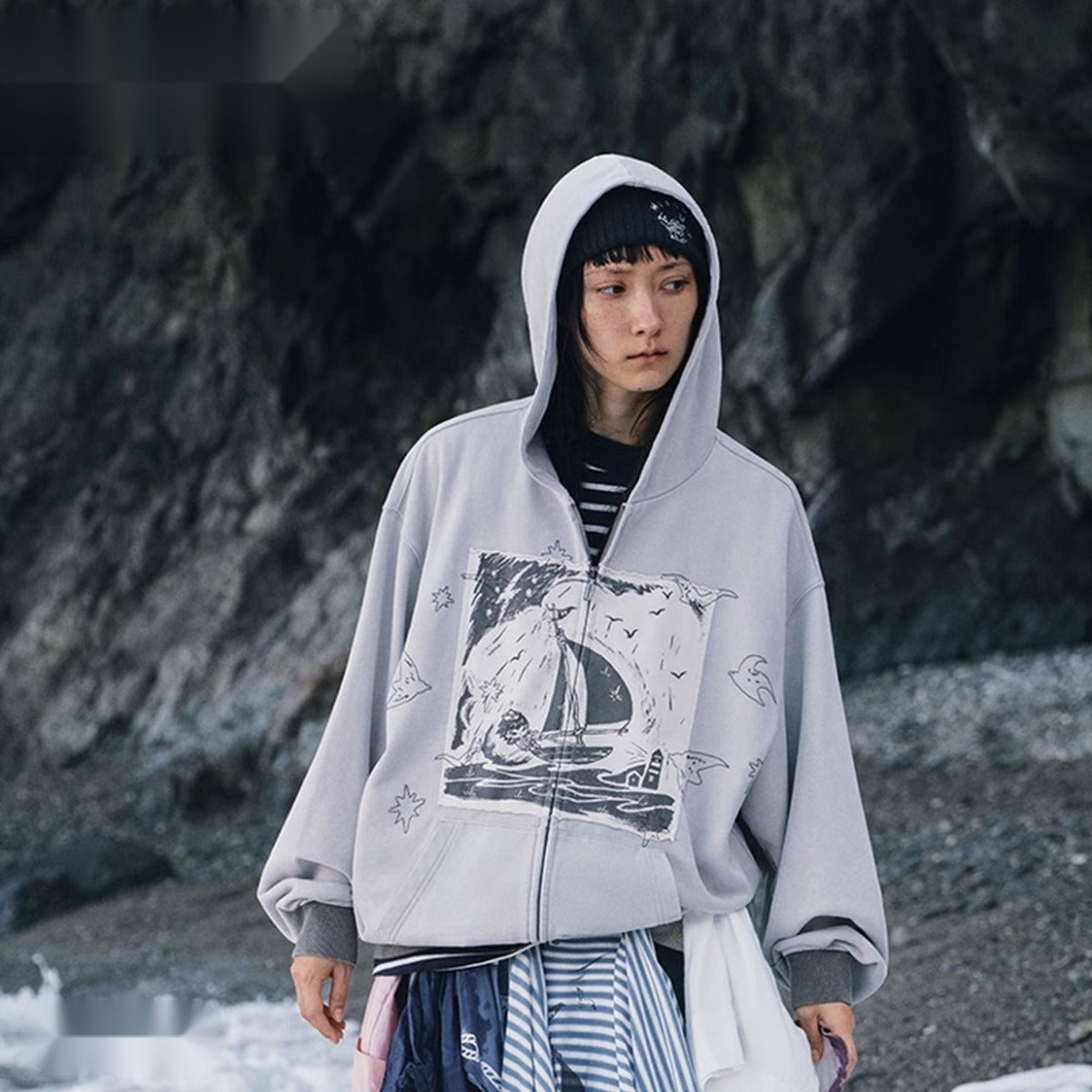 Hirono Living Wild “Song of the Sea” Patchwork Zip-Up Hoodie