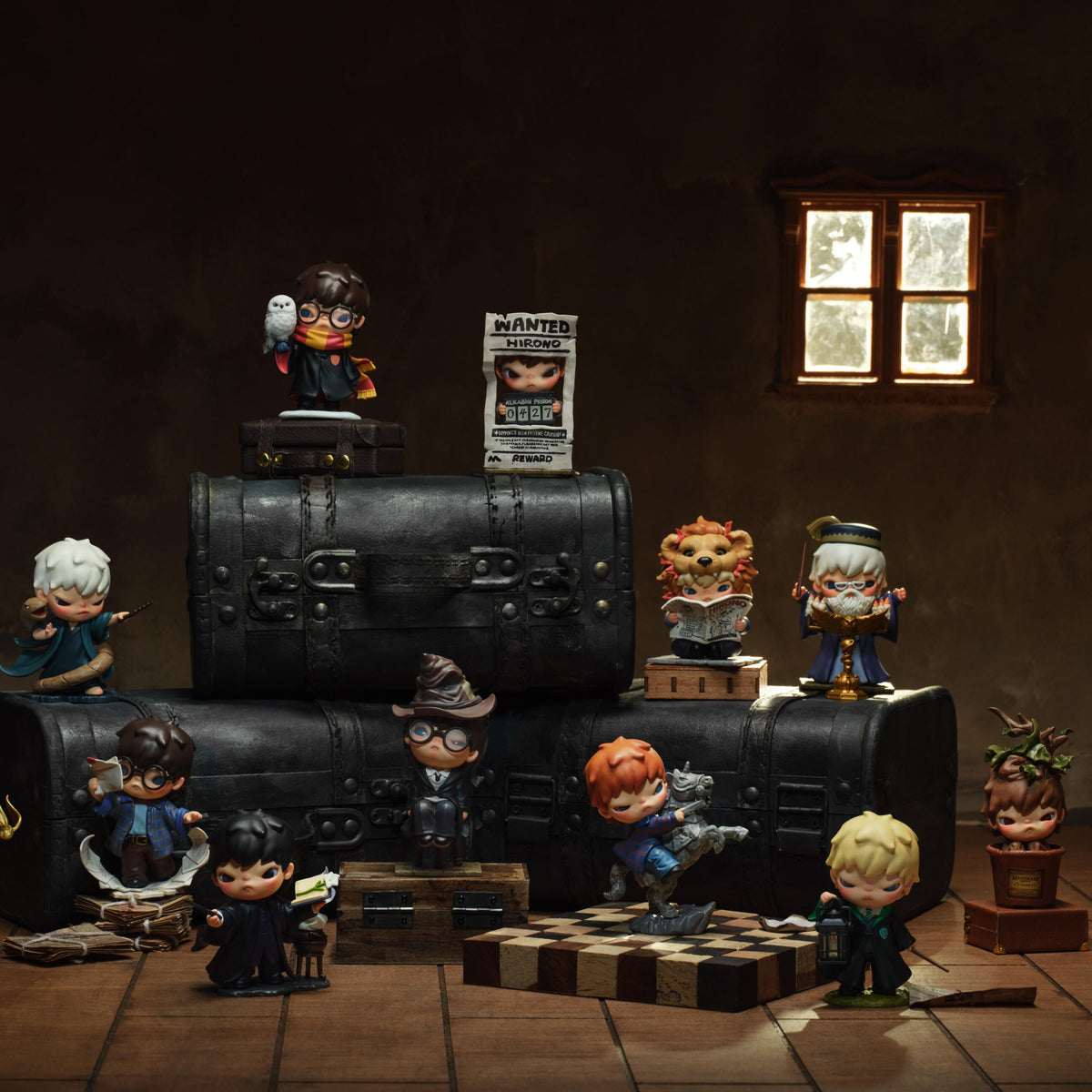 A Pop Mart HIRONO x Harry Potter collectible figure display set featuring multiple chibi-style wizard characters arranged around large black barrels in a dimly lit room. Visible branding includes Pop Mart, Harry Potter, and Grimoire on the image overlays.