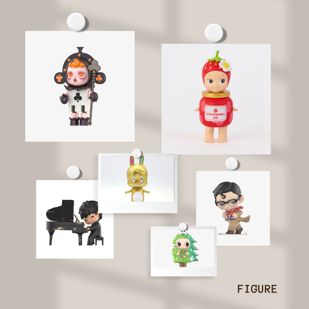 Set of IP COLLECTIBLES figurines displayed on a wall with white circular hooks.