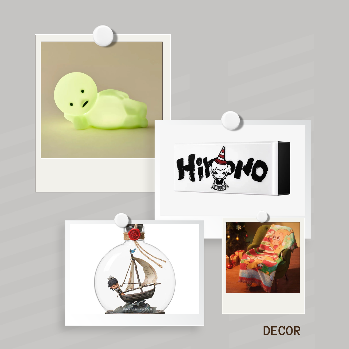 Collage of IP THEMED POP MART decorative items including a glowing turtle, cartoon character, HIRONO sailboat, and chair with TWINKLE TWINKLEblanket on a gray background.