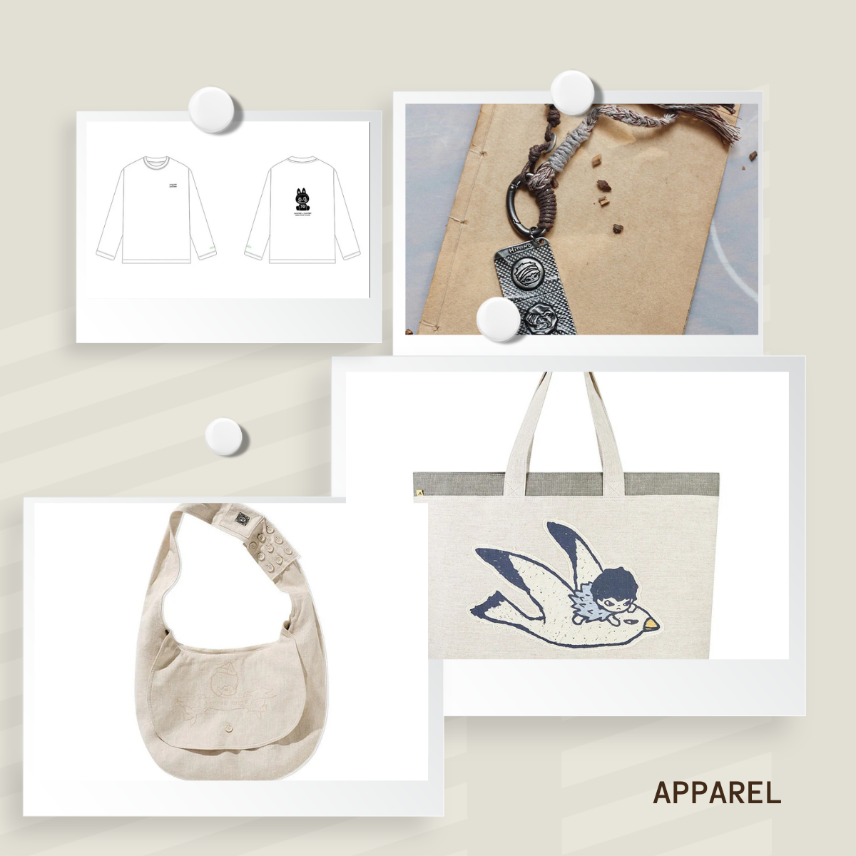 Collage of IP THEMED apparel items including a tote bag, a handbag, and clothing with designs on a neutral background.