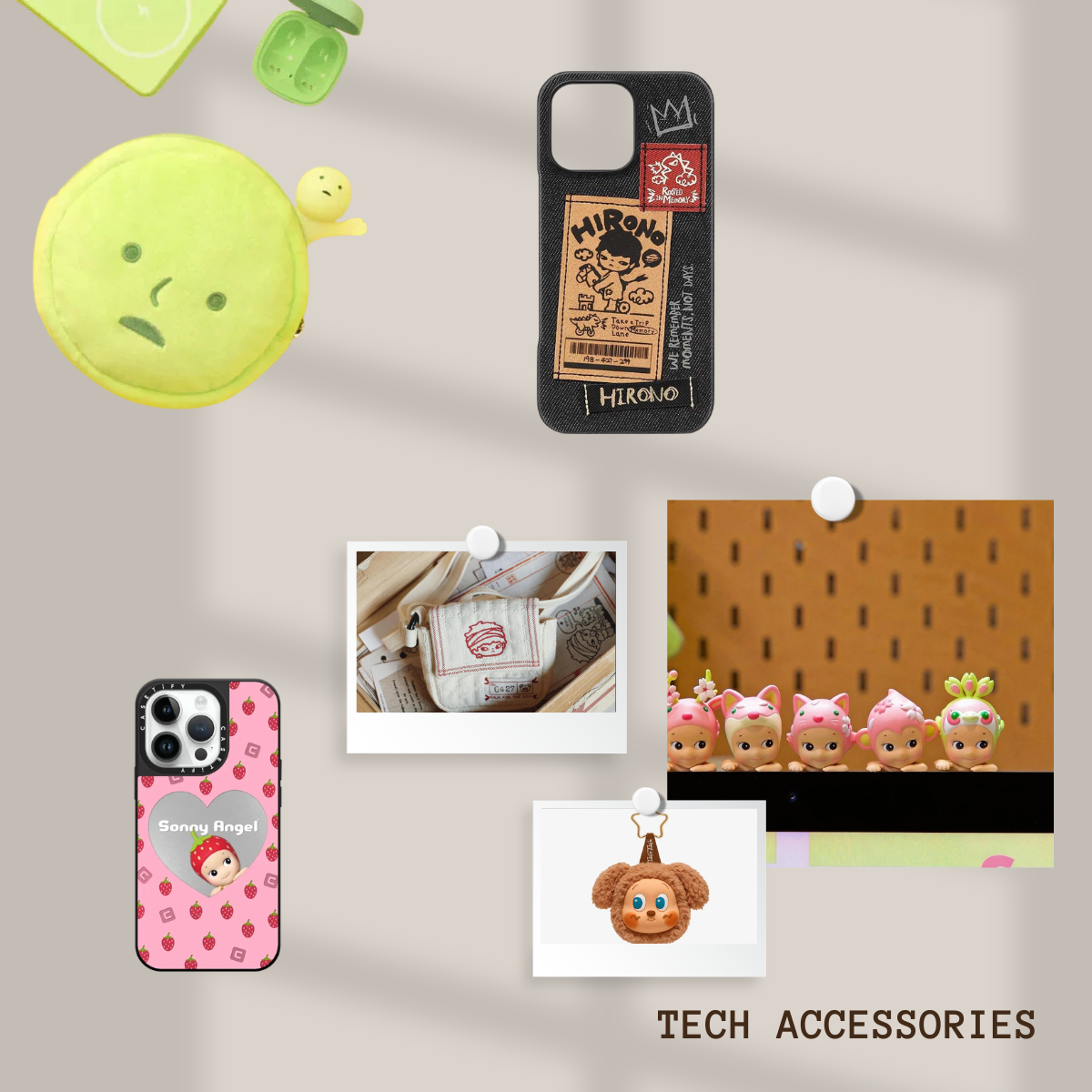 Collection of  IP THEMED tech accessories including phone cases and a small plush toy on a light gray background.