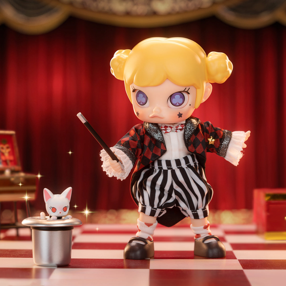Toy figure with blonde hair and a checkered outfit on a stage-like setting