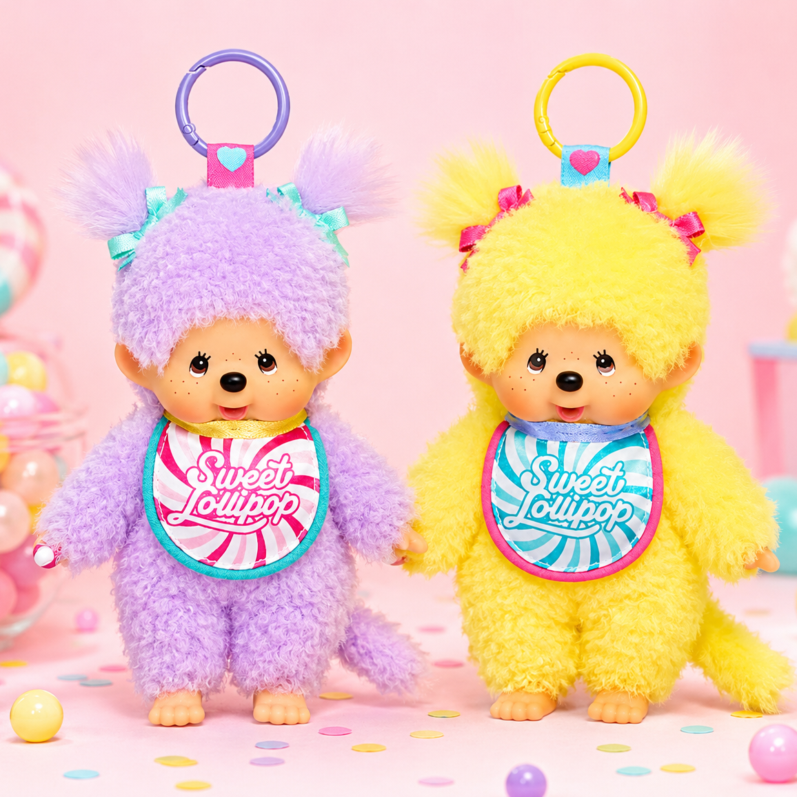 Two plush monkey toys standing side by side on a pastel pink surface, one lavender and one bright yellow, each with fuzzy bodies, small hands and feet, and a round hanging ring at the top. Both wear colorful bibs that read "Sweet Lollipop.