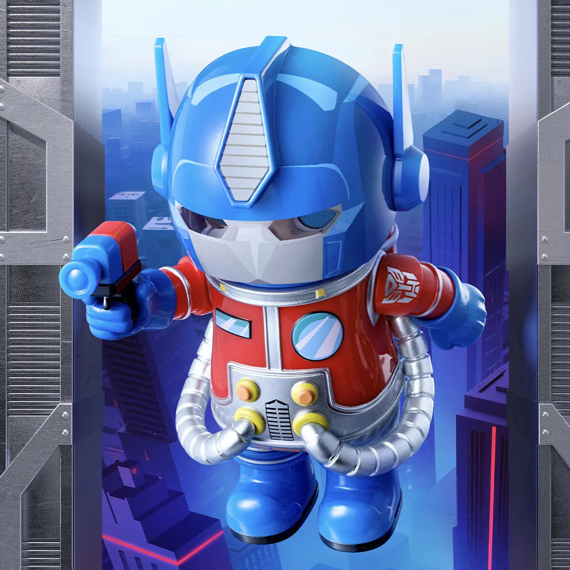Toy figure of Optimus Prime in a display case with cityscape background