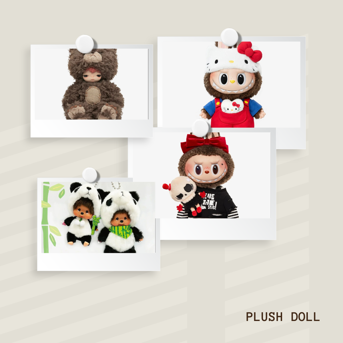 Collection of plush dolls on a light beige background with 'PLUSH DOLL' text.