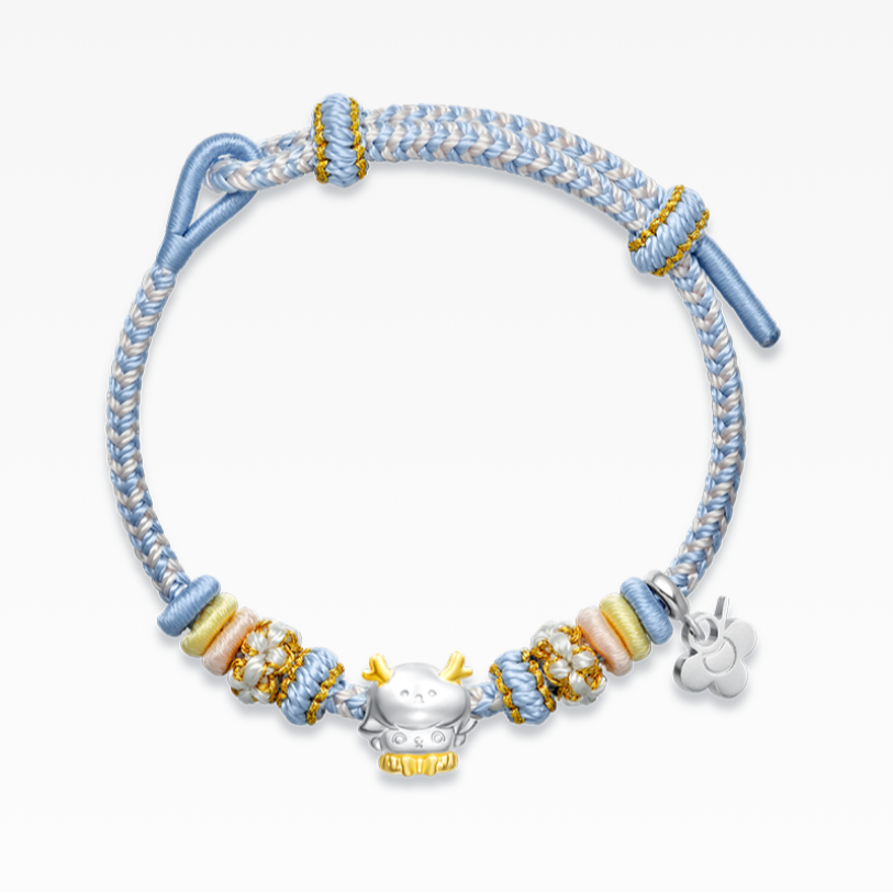 POPOP DIMOO Soft Woven Fabric Silver Bracelet with blue and gold beads on a white background