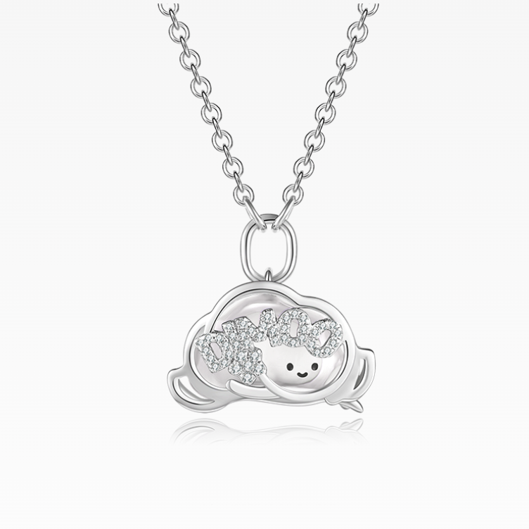 Silver necklace with a cloud-shaped pendant featuring a smiley face design on a white background