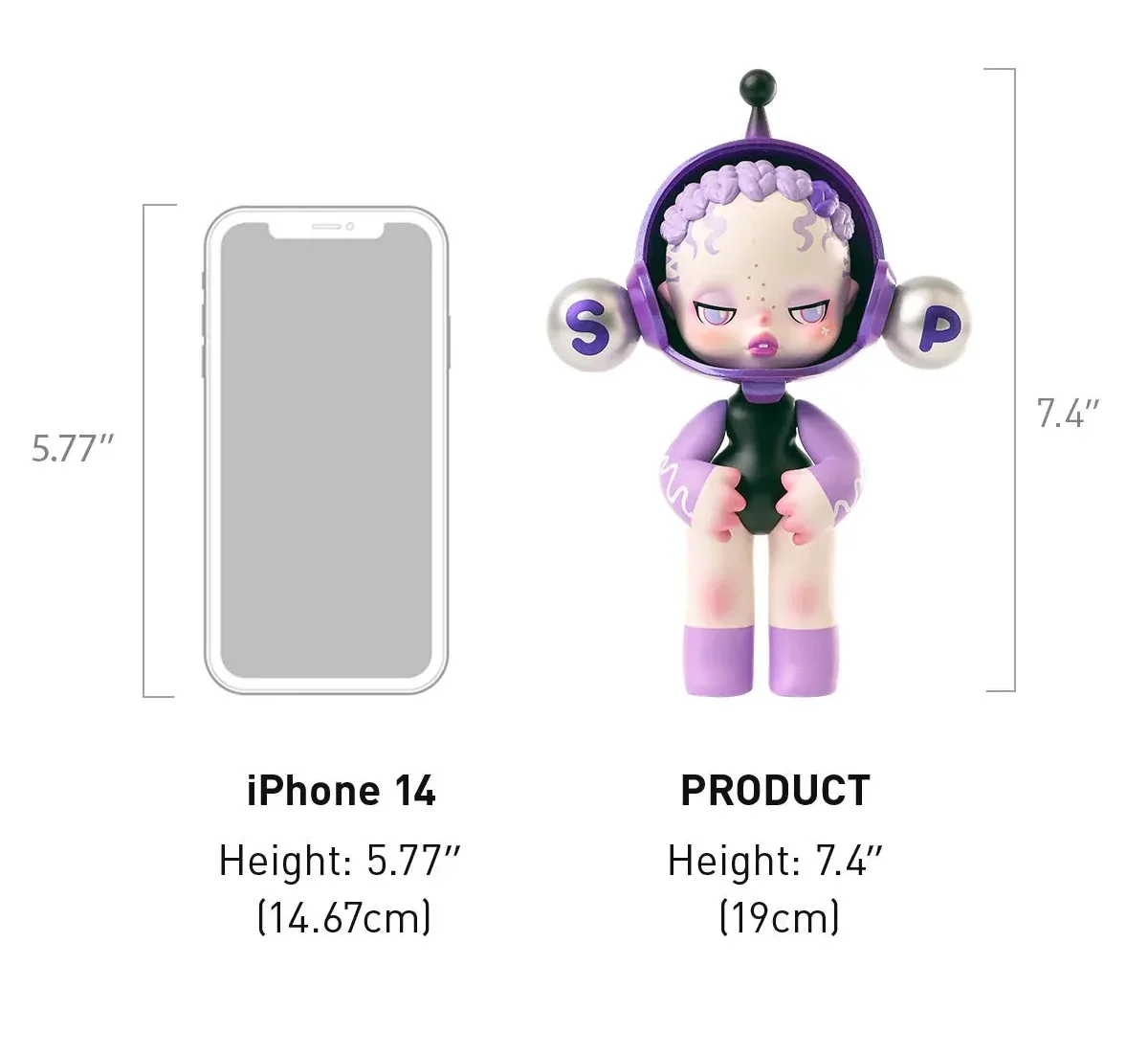 Toy figure with purple hair and headphones displayed from front, side, and back angles with product details.