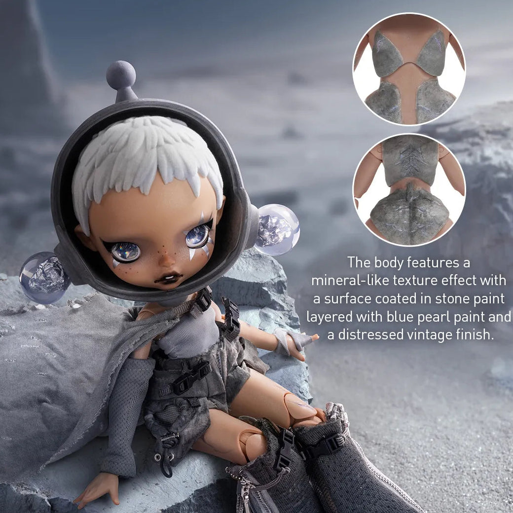 SKULLPANDA × HAMCUS 1/6 Action Figure with space helmet sitting on a rocky surface, with close-up insets of the doll's body texture.