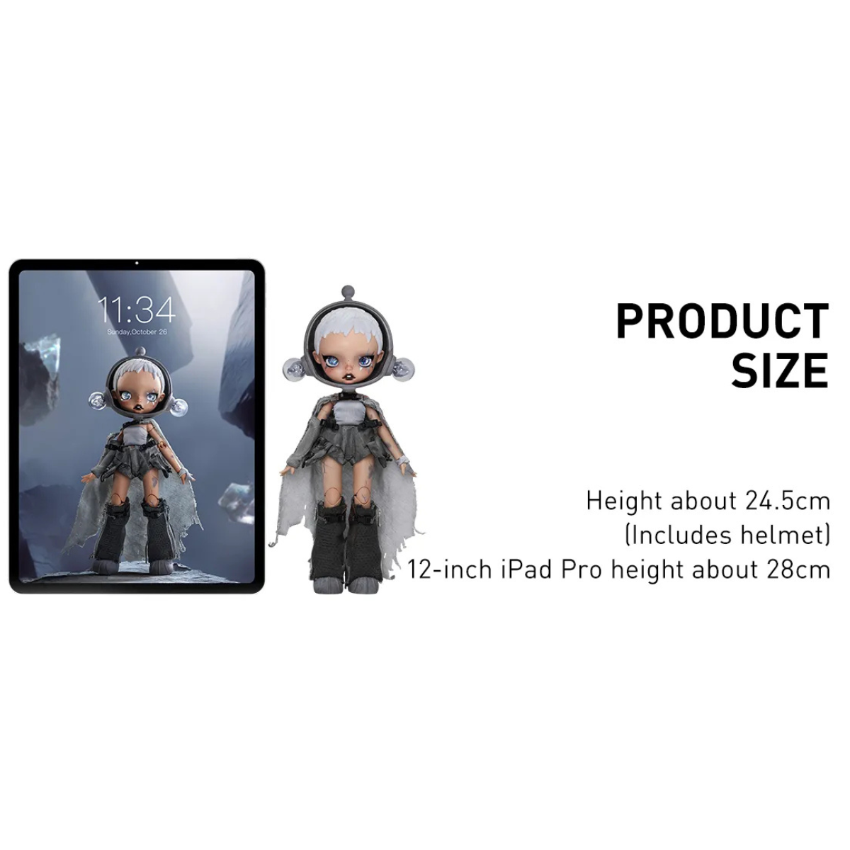 Toy figure next to a 12-inch iPad Pro to show size comparison on a white background