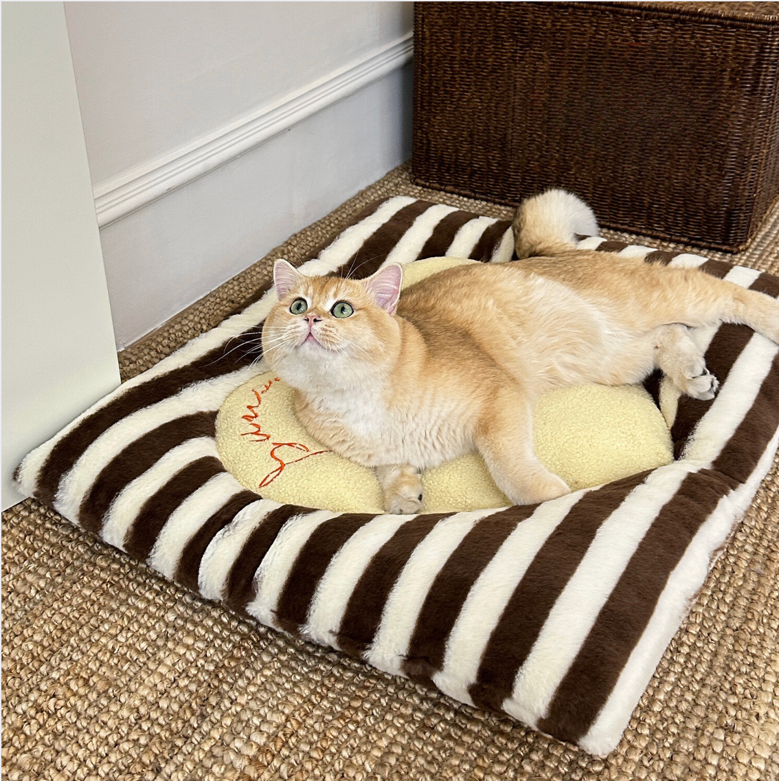 Cozy Cat Pillow Bed: Plush Stripes & Heart