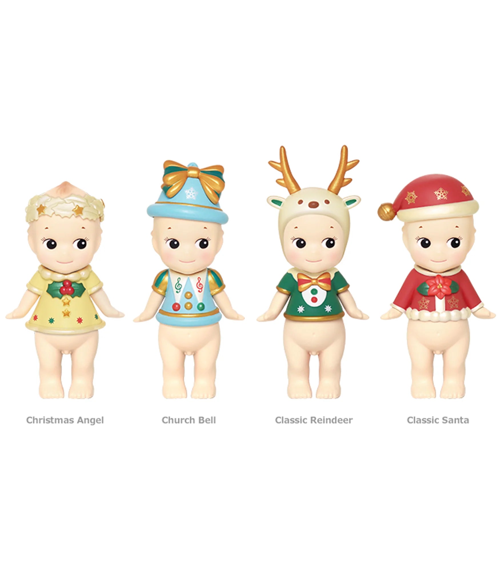 Four small doll figures shown side by side on a plain white background, each wearing a different holiday outfit. The labels below read Christmas Angel, Church Bell, Classic Reindeer, and Classic Santa.