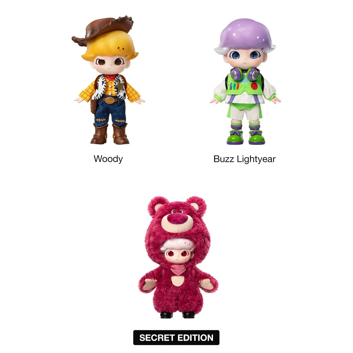 A product display graphic featuring three character figures labeled Woody, Buzz Lightyear, and a pink plush figure under the heading 'ALL CHARACTERS'.