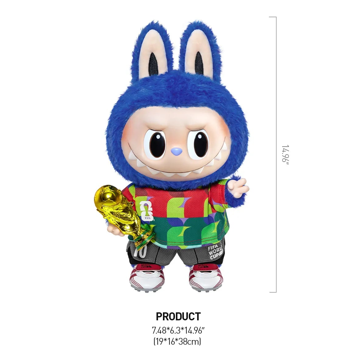 Product information card for a labubu x fifa world cup plush doll with blue bunny ears and colorful outfit on a white background.