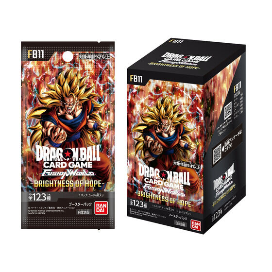 Premium Bandai official photo showing Japanese Dragon Ball Fusion World BRIGHTNESS OF HOPE FB11 booster box and pack