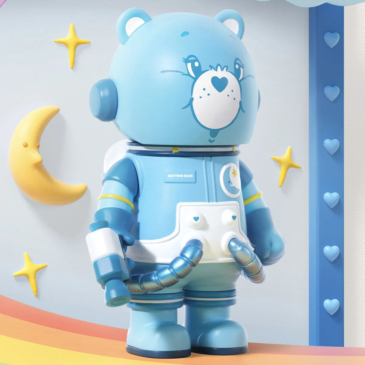 Blue teddy bear figurine with a diaper on a colorful background
