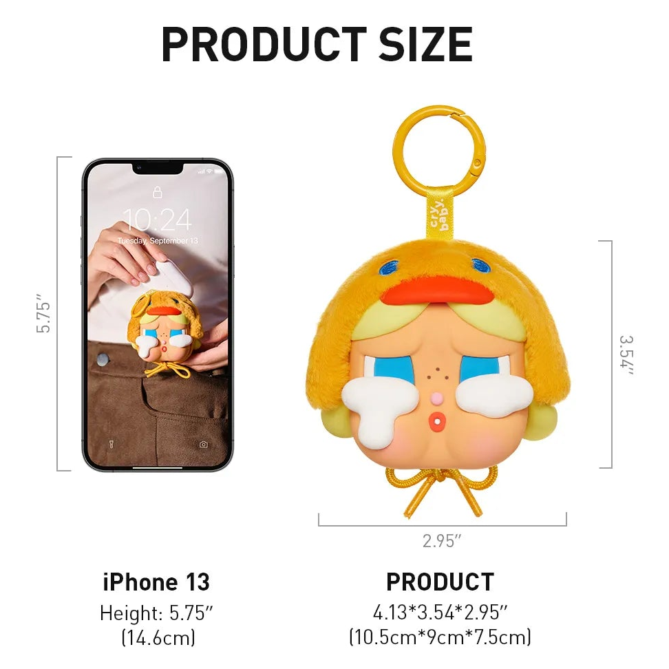 Product details of a duck-shaped crybaby earphone case with front and back views, size comparison, and brand information.