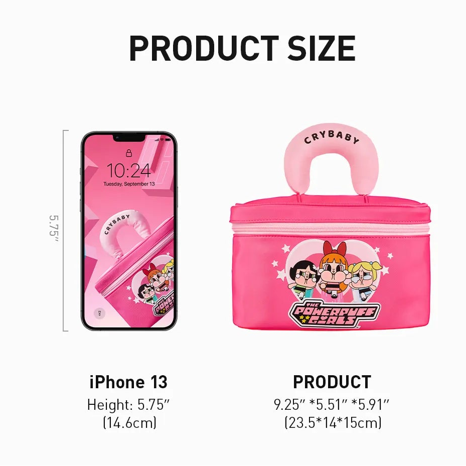 Product information card for a pink cosmetic bag with cartoon characters, including size and material details.