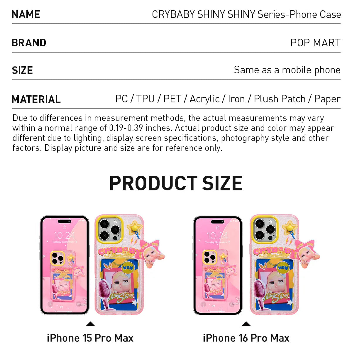 Product details of a phone case with size chart for iPhone 15 Pro Max and iPhone 16 Pro Max.