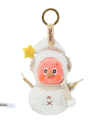 Plush snowman keychain with a star on a white background
