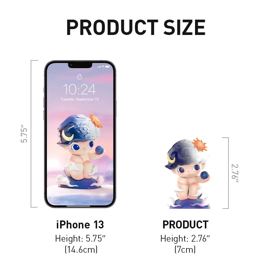 Product information card for a DIMOO Earth Day Figure with dimensions and material details.