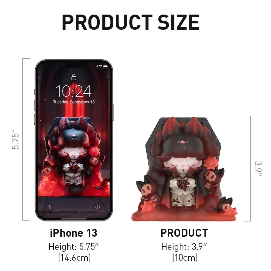 Product information card for a Dimoo figure with size comparison to an iPhone 13.